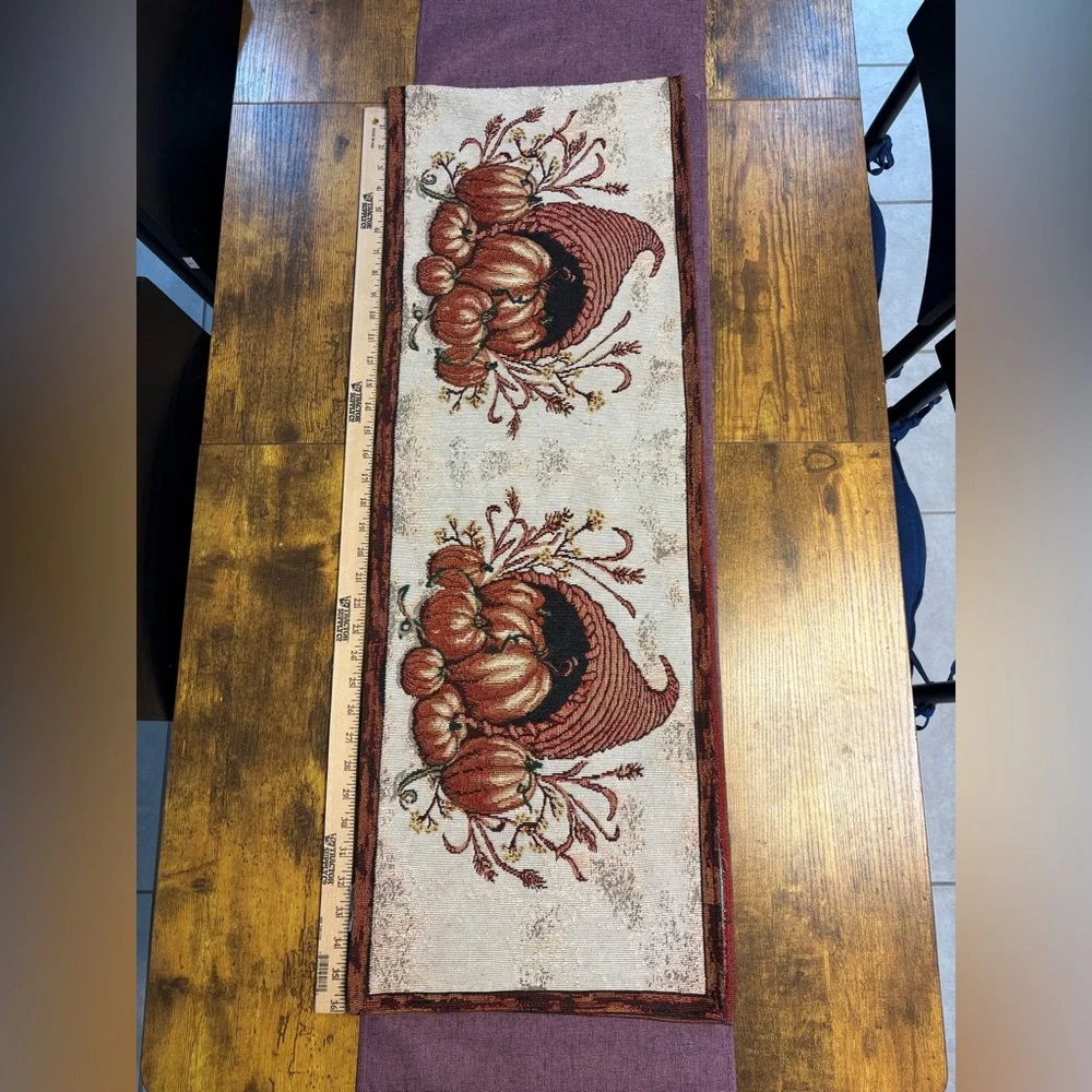 Fall Tapestry Table Runner Pumpkins and Cornucopias. Festive table setting. PO